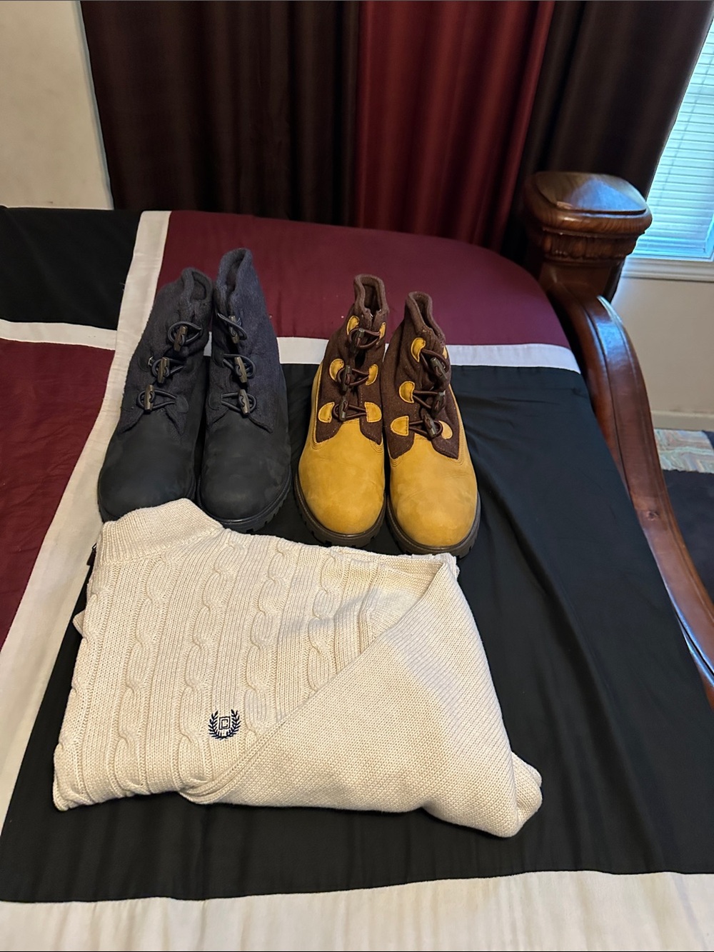 Men's Two-Tone Tan/Brown and Navy Lace-Up Boots with a cream colored sweater